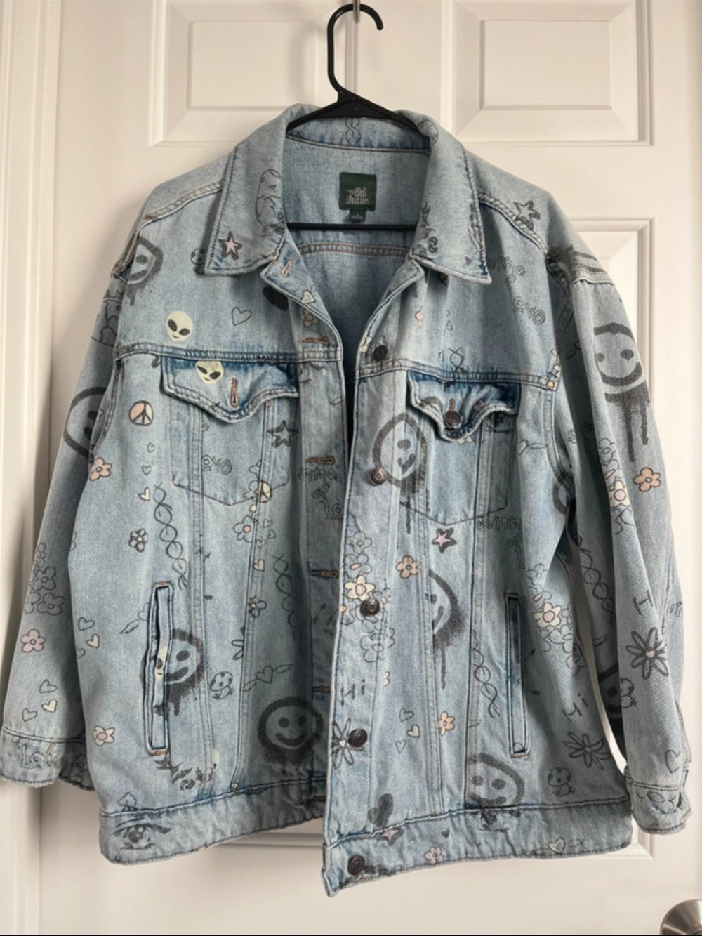 wild fable Light Blue Hand‑Decorated Denim Jacket with Smiley & Floral Art